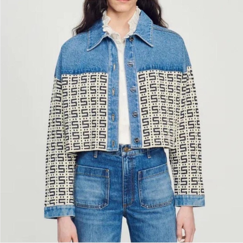 Sandro Paris Monogram Panel Denim Jacket | Size 1 | Pre-Owned